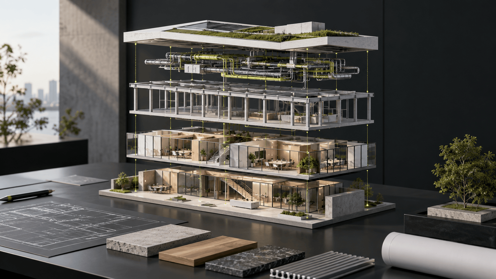 Ilustración conceptual de las capas de estructura, instalaciones y espacios de un edificio